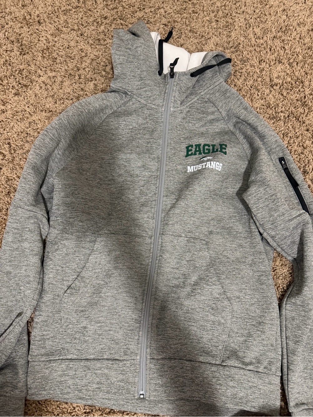 Nike Gray Hooded Zip Up Sweatshirt with Green Eagle Mustangs Logo